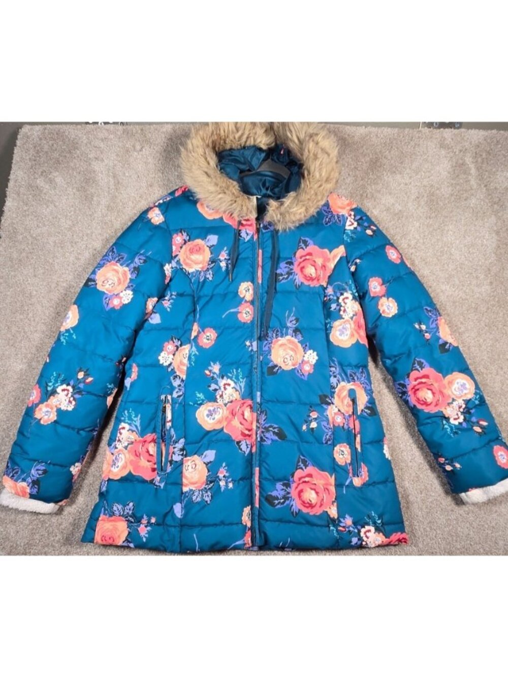 Matilda Jane Teal Floral Puffer Coat Full Zip Hooded Winter Jacket Women's L
